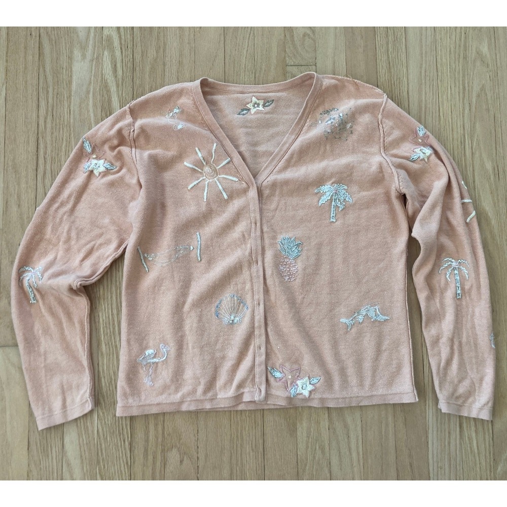 90s Robert Scott Peach Tropical Embroidered V-Neck Cardigan Sweater Beach Summer - Picture 3 of 11